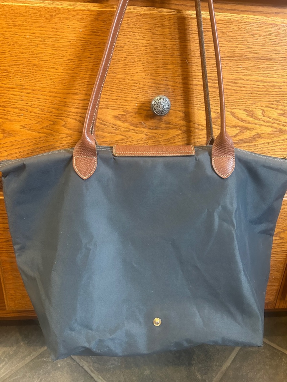 Longchamp Le Pliage Navy Tote with Brown Leather Trim - Picture 4 of 13